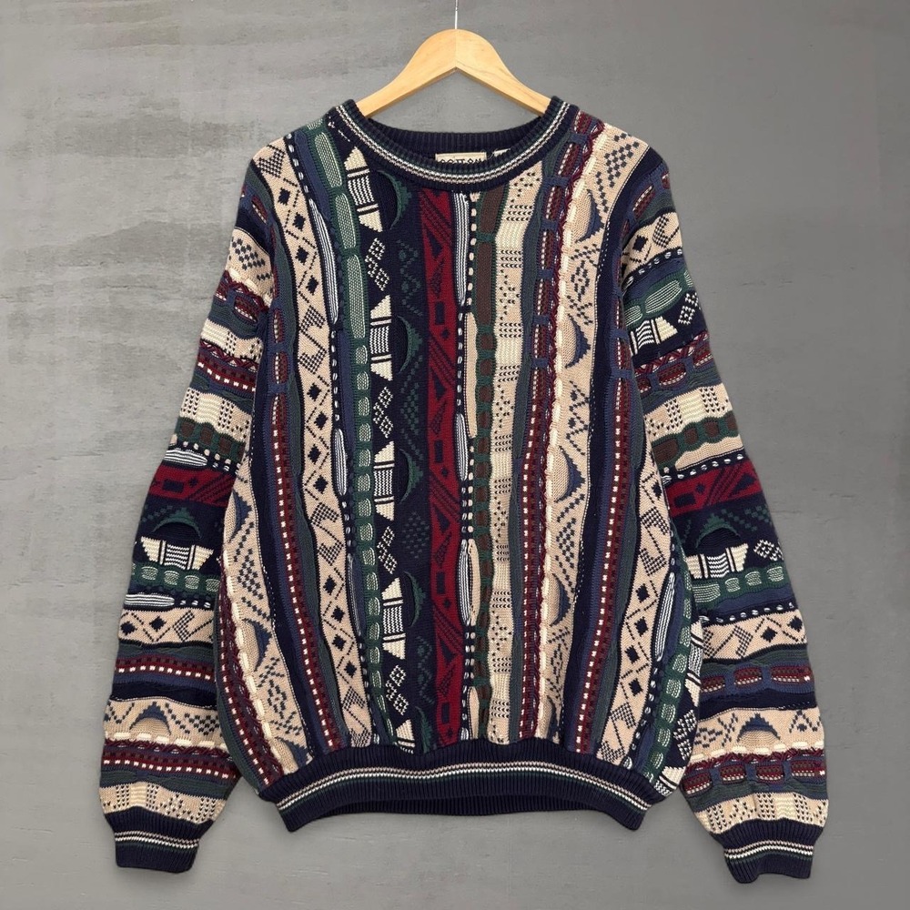 Cotton Traders Sweater Multicolor Coogi Style 3D Knit 90s Geometric Vintage XL